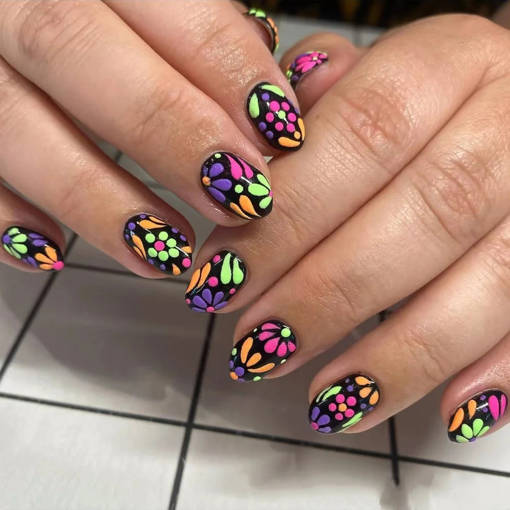 24pcs Leopard Print Brown Nails Art Gilded Pearl Design Almond Fake Nail Tips Flower False Nail for Women Girl Press on Nails