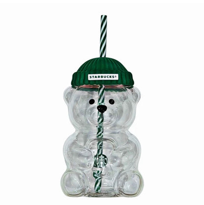 New for Starbucks Cute Animal Bear Straw Glass Transparent Glass for Men Women Birthday Christmas Gift Milk Tea Cup with Straw