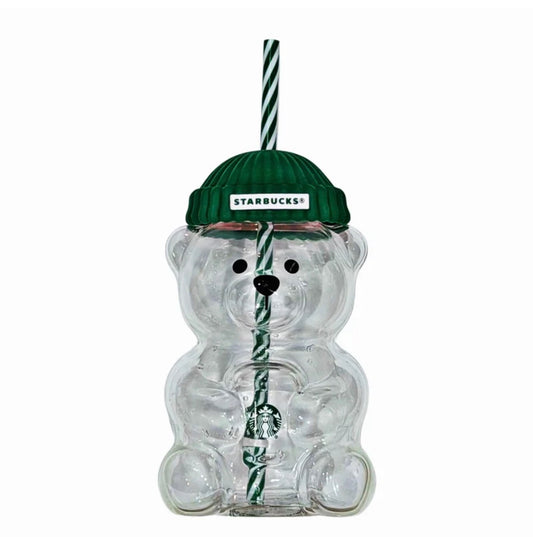 New for Starbucks Cute Animal Bear Straw Glass Transparent Glass for Men Women Birthday Christmas Gift Milk Tea Cup with Straw