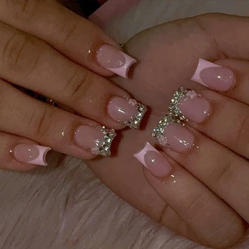 24Pcs Sweet Medium Square False Nails with Glue Blush Pink Flowers Fake Nails Full Cover French Acrylic Press on Nails for Girls