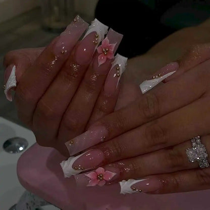 24Pcs Sweet Medium Square False Nails with Glue Blush Pink Flowers Fake Nails Full Cover French Acrylic Press on Nails for Girls