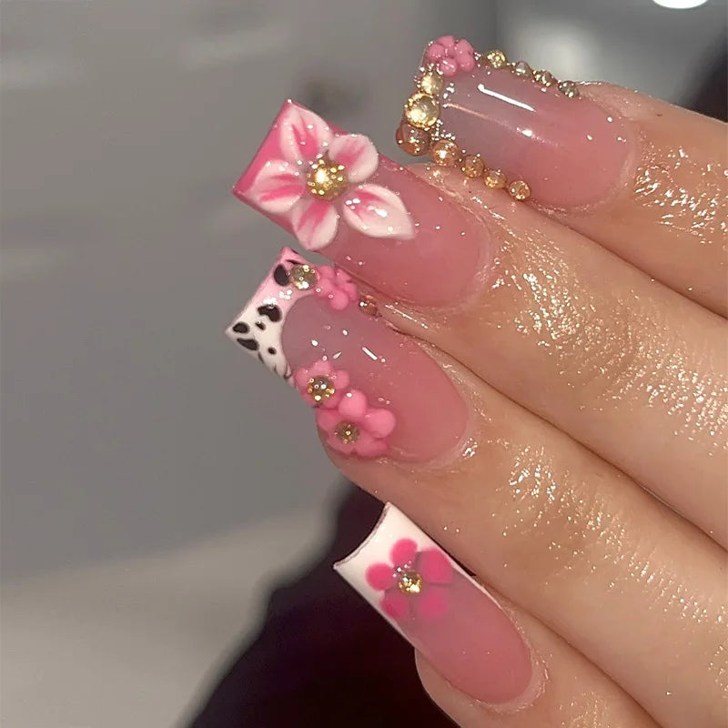 24Pcs Sweet Medium Square False Nails with Glue Blush Pink Flowers Fake Nails Full Cover French Acrylic Press on Nails for Girls