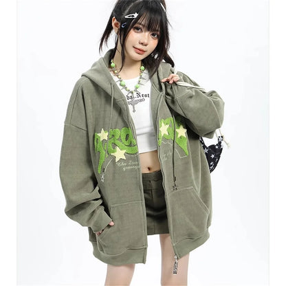 Fashion Embroidery Zip Up Hoodies Women Autumn Long Sleeve Tops Loose Hood Shirt Harajuku Y2K Clothes Female Sweatshirt Jacket