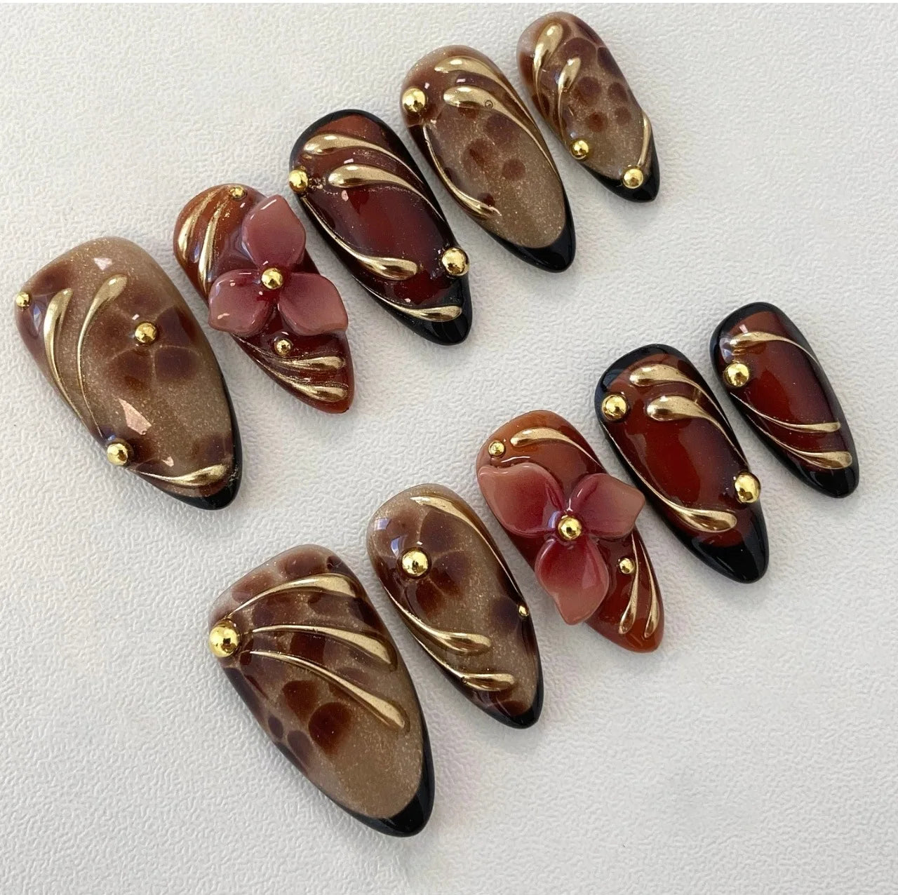24pcs Leopard Print Brown Nails Art Gilded Pearl Design Almond Fake Nail Tips Flower False Nail for Women Girl Press on Nails