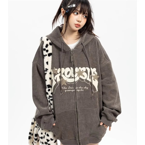 Fashion Embroidery Zip Up Hoodies Women Autumn Long Sleeve Tops Loose Hood Shirt Harajuku Y2K Clothes Female Sweatshirt Jacket