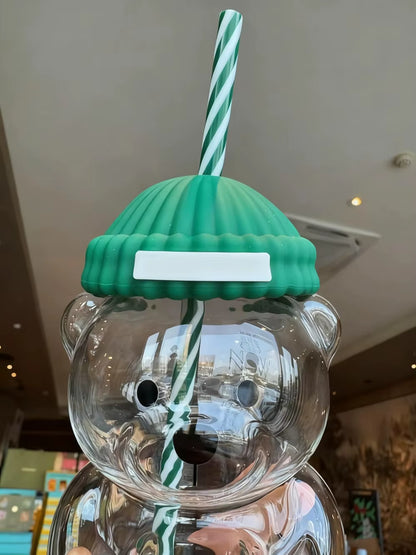 New for Starbucks Cute Animal Bear Straw Glass Transparent Glass for Men Women Birthday Christmas Gift Milk Tea Cup with Straw