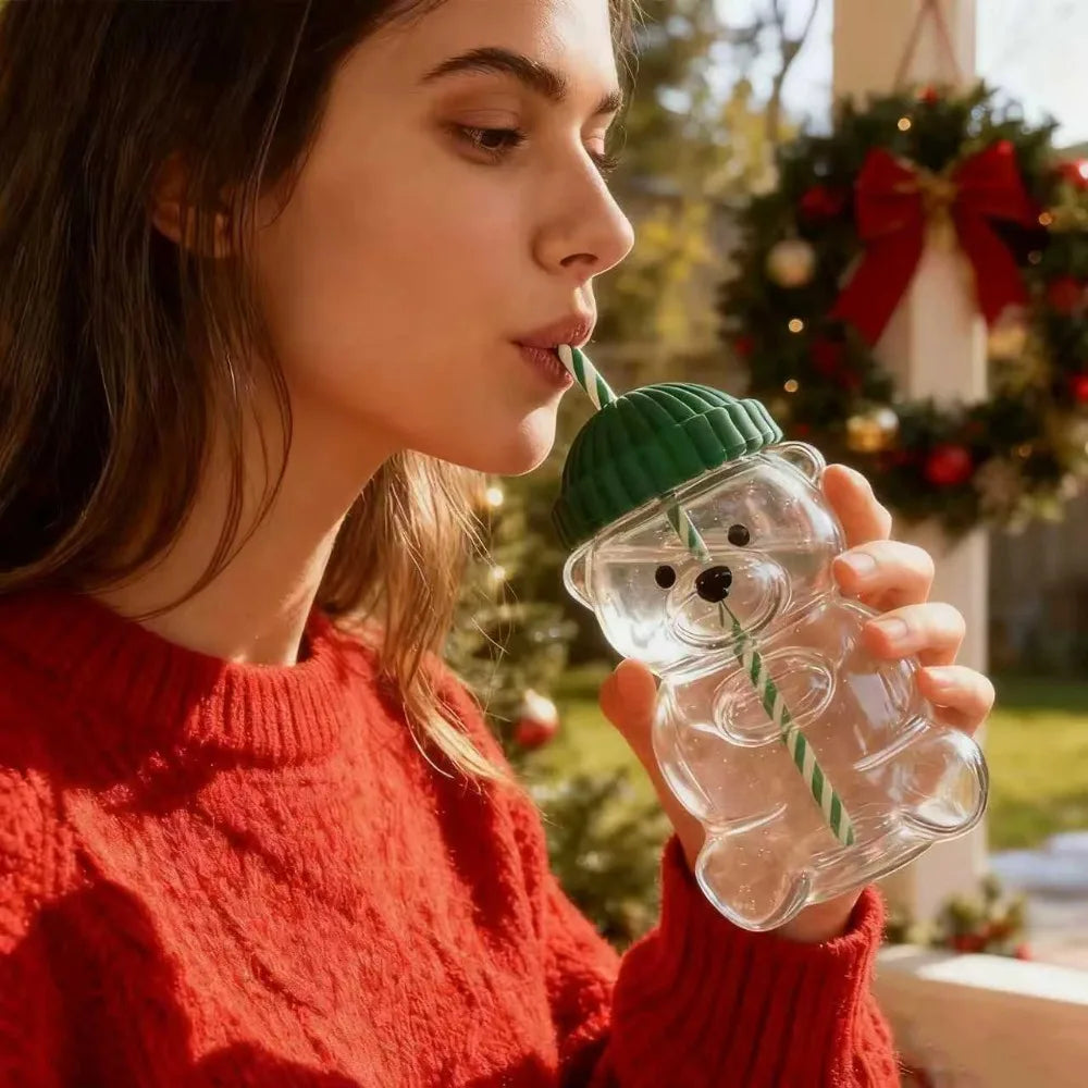 New for Starbucks Cute Animal Bear Straw Glass Transparent Glass for Men Women Birthday Christmas Gift Milk Tea Cup with Straw