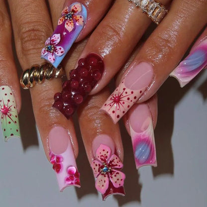 24Pcs Sweet Medium Square False Nails with Glue Blush Pink Flowers Fake Nails Full Cover French Acrylic Press on Nails for Girls