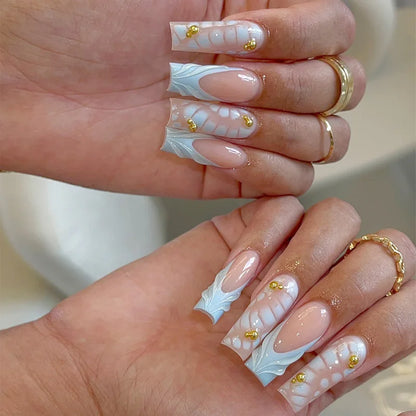 24Pcs Sweet Medium Square False Nails with Glue Blush Pink Flowers Fake Nails Full Cover French Acrylic Press on Nails for Girls