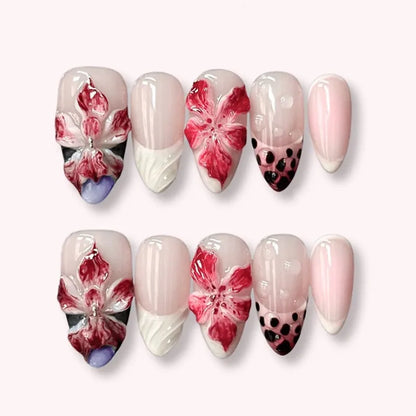 24pcs Leopard Print Brown Nails Art Gilded Pearl Design Almond Fake Nail Tips Flower False Nail for Women Girl Press on Nails