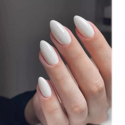 24Pcs White Almond False Nails Full Cover Nail Tips Simple Solid Color Wearable Press on Nails Short Round Head Fake Nails Set