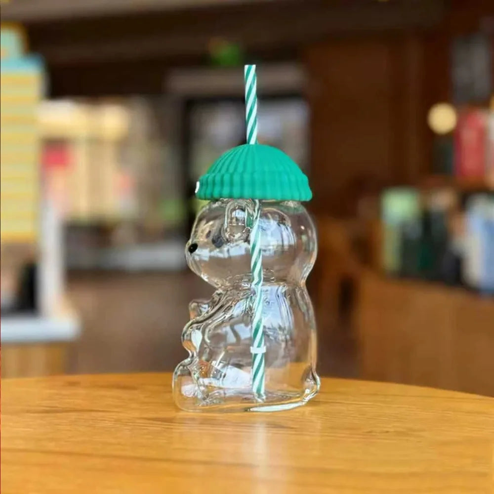New for Starbucks Cute Animal Bear Straw Glass Transparent Glass for Men Women Birthday Christmas Gift Milk Tea Cup with Straw