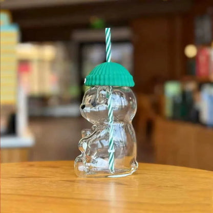 New for Starbucks Cute Animal Bear Straw Glass Transparent Glass for Men Women Birthday Christmas Gift Milk Tea Cup with Straw
