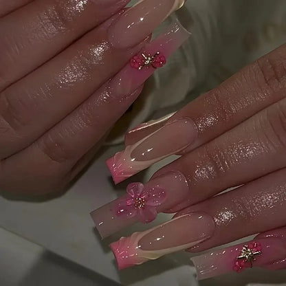 24Pcs Sweet Medium Square False Nails with Glue Blush Pink Flowers Fake Nails Full Cover French Acrylic Press on Nails for Girls