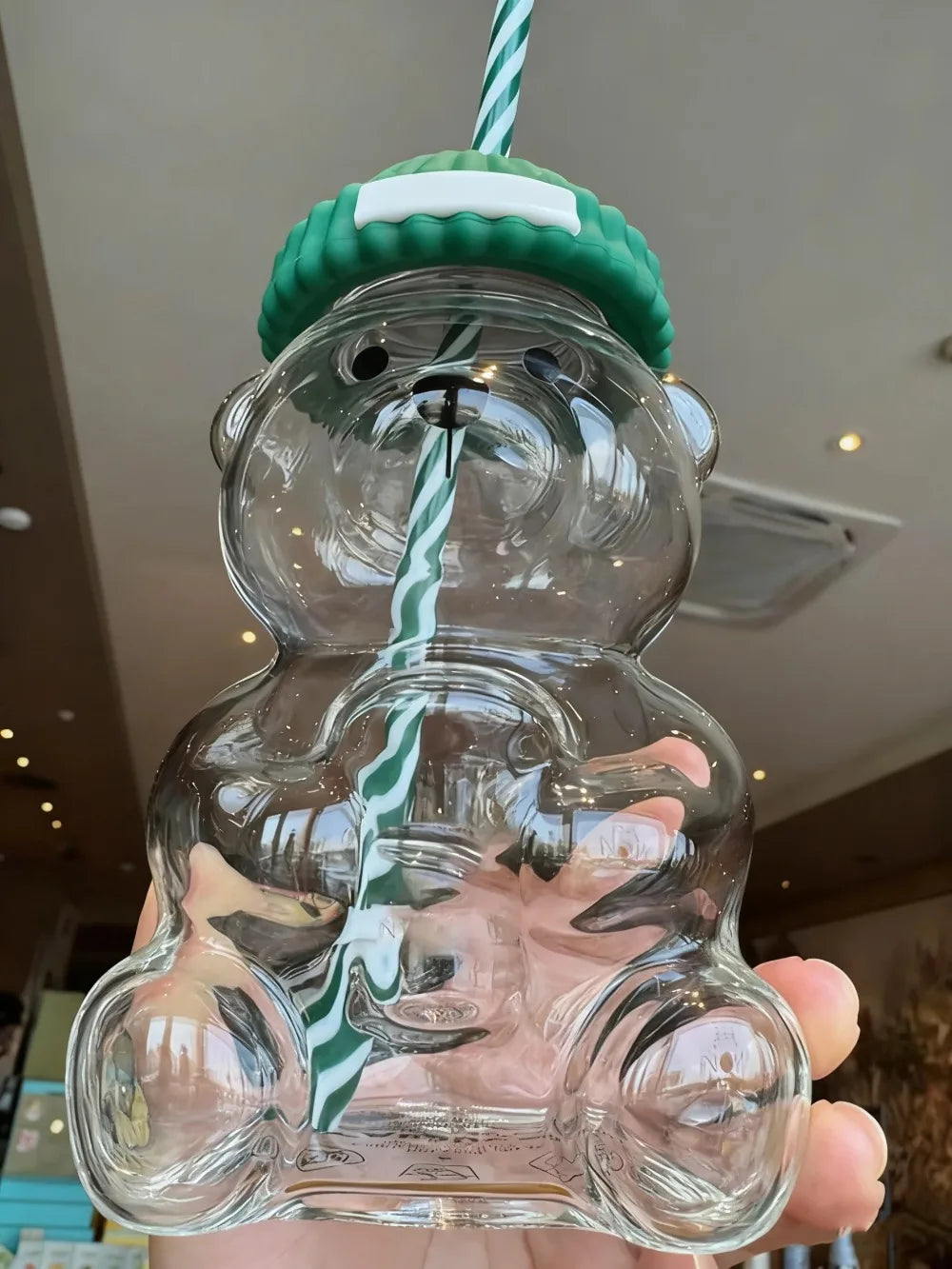 New for Starbucks Cute Animal Bear Straw Glass Transparent Glass for Men Women Birthday Christmas Gift Milk Tea Cup with Straw