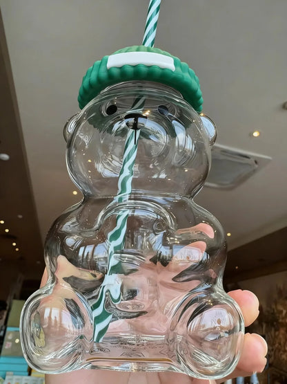 New for Starbucks Cute Animal Bear Straw Glass Transparent Glass for Men Women Birthday Christmas Gift Milk Tea Cup with Straw